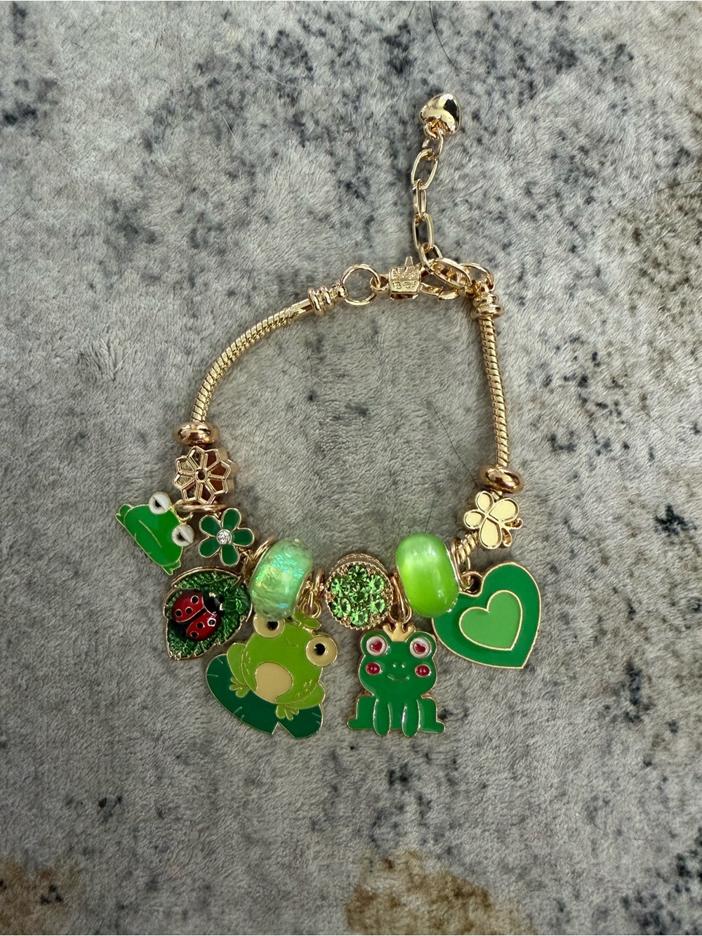 Green Frog Charm Bracelet - Gold Tone